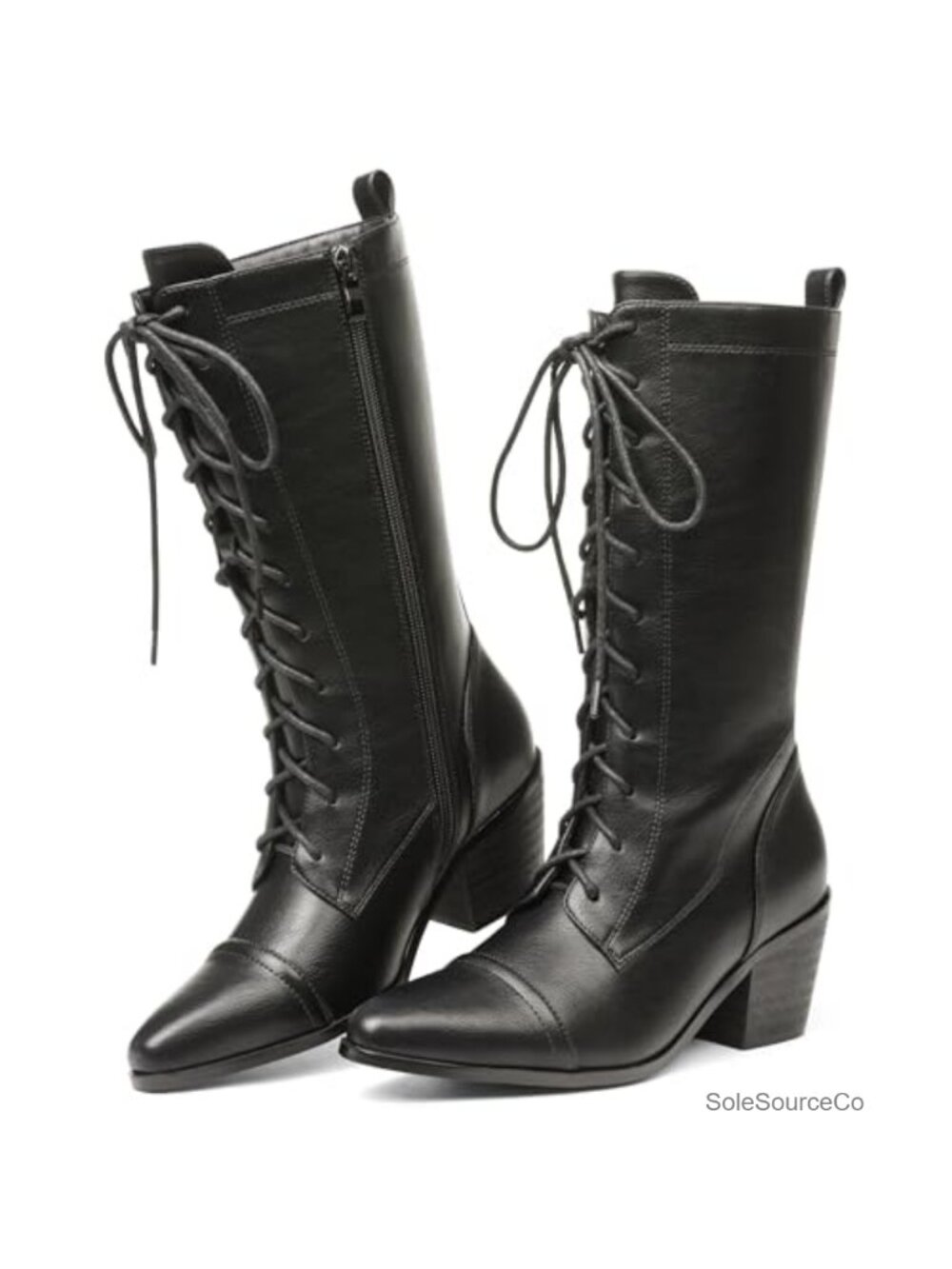 Women's Lace Up Mid Calf Boots Chunky Heel Pointed Toe Microfiber Combat